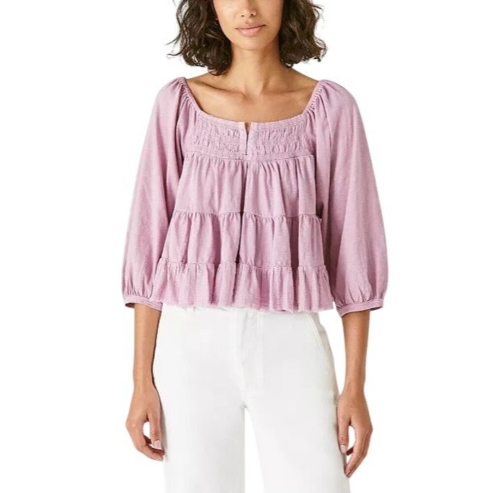 LUCKY BRAND Crop Blouse Sz L Purple Peasant Sleeve Square Neck Fringe Cotton Top